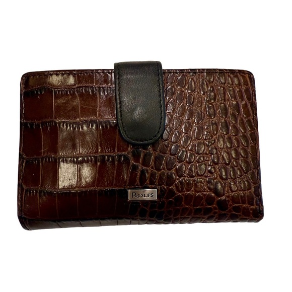 ROLFS Women’s Brown Leather Crocodile Embossed Wallet W/ Kiss Lock Coin Holder - Picture 1 of 15